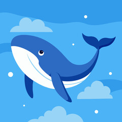 A happy blue whale swimming through the sky with clouds and dots silhouette isolated on white background