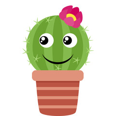 A Cheerful Cartoon Cactus Character with a Pink Flower and Big Eyes in a Brown Striped Pot Isolated on a White Background