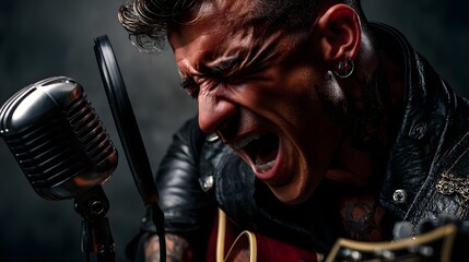 Passionate rock singer performing with guitar and vintage microphone, perfect for album cover, music blog