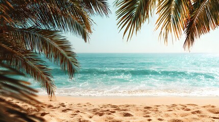 Lush palm fronds frame a view of ocean waves washing onto a sandy shore under bright daylight