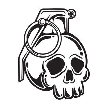 illustration art hand drawn skull granade tattoo and t-shirt design
