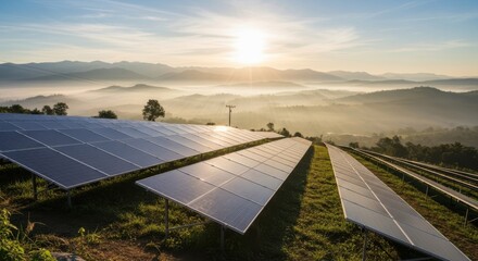 Solar panels in a field at sunrise, with rolling hills and mist in the background, representing renewable energy and sustainability