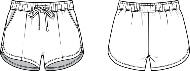 Running shorts technical flat front and back view with waistband and drawstring detail, sporty activewear design, cad drawing flat vector illustration