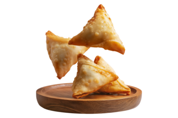 Crispy golden brown samosas with bubbled texture filled with meat or vegetables on wooden plate, isolated on white transparent background, representing Indian cuisine snack