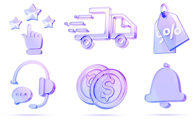 3d glass holographic shopping icon set. Sale price tag, discount label, delivery truck, notification bell, money, customer service, client feedback for online store, e-commerce design. 3D illustration