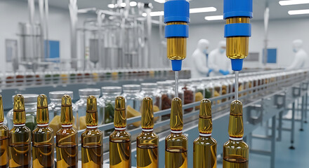 Automated Pharmaceutical Vial Filling Line with Blue Liquid for Medical Manufacturing, Sterile Production, and Lab Technology, 4K image 