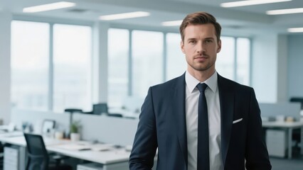 Fototapeta premium An entrepreneur in formal attire presents a professional image in front of the office environment background, demonstrating the decision-making power and leadership in the business field.