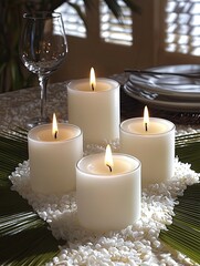 Dinner Table Serenity: Cluster of burning white pillar candles providing a warm, intimate light for a dining setting