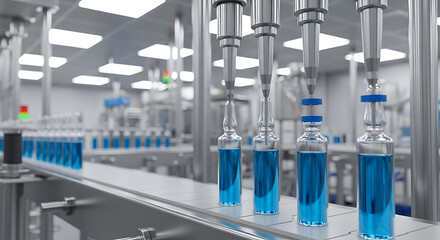 Automated Pharmaceutical Vial Filling Line with Blue Liquid for Medical Manufacturing, Sterile Production, and Lab Technology, 32K Revolutions 