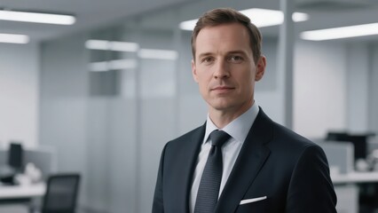 Fototapeta premium An entrepreneur in formal attire presents a professional image in front of the office environment background, demonstrating the decision-making power and leadership in the business field.