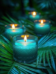 Tropical Tealight Glow: Blue-green scented candles flickering warmly, surrounded by dark green palm or fern leaves