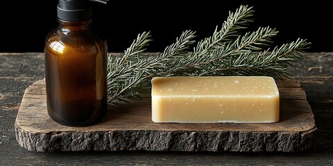 Natural Scents: A bar of artisanal soap and sprigs of fragrant herbs like rosemary on a dark background