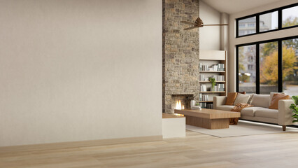White wall and wood parquet floor corridor to living room with sofa and table aside bricks fireplace