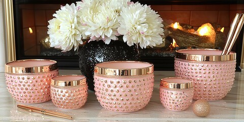 Warm Glow & White Blooms: Display of candles in decorative pink jars next to a bouquet of fluffy white flowers