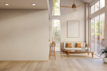White wall aside living room with sofa and table on carpet and wooden parquet floor and glass window