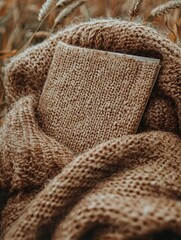 Cozy Knits: Close-up of a warm, textured knitted fabric in a soft beige or light brown color