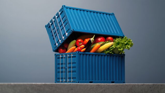 Bright Blue Shipping Containers Overflowing With Fresh Produce For Farm Delivery And Transport
