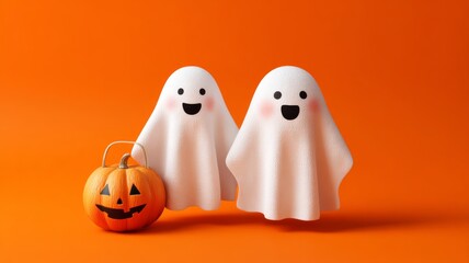 Halloween holiday card with festive pumpkins, flying bats, spooky ghosts, creepy spiders, and party decorations on bright orange background, top view flat lay for seasonal celebration