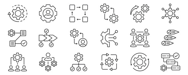 Workflow line icon set. Included planning, scheme, process, flowchart, progress, management, diagram, analysis, automation and more. Editable stroke. Vector illustration.