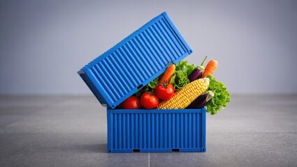 Bright Blue Shipping Container Overflowing With Fresh Produce For Food Delivery And Supply Chain