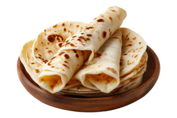 Yemeni malawah flaky buttery bread baked round flatbreads with toasted spots stacked in pile on wooden plate, isolated on white transparent background, concept of traditional bakery