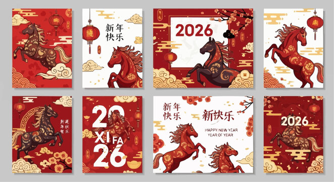 Chinese New Year 2026 Year of the Horse Greeting Card Vector Design | Traditional Lunar Celebration Art,Chinese New Year 2026 Year of the Horse Greeting Card Vector Design | Traditional Lunar Celebrat