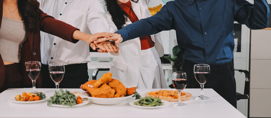 Diversity, dinner and group of people toast celebration together at party. Friends, happy and...