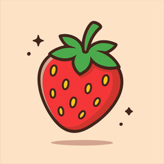 Stylized Strawberry with Yellow Seeds and Green Leaves Cartoon Illustration.