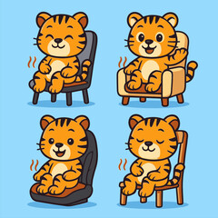 Adorable Cartoon Tigers Relaxing on Various Chairs in Delightful Poses.