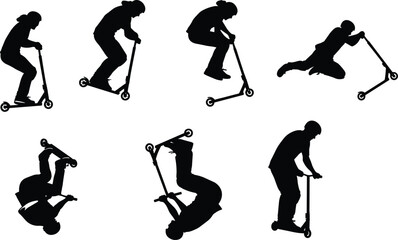 Dynamic black silhouettes of pro scooter riders performing extreme freestyle tricks, including flips and stunts, action sports graphic, youth street culture.