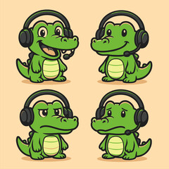 Obraz premium Cartoon Alligator Characters with Headsets Expressing Varied Emotions.
