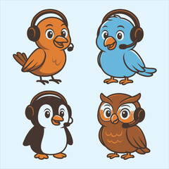 Cartoon Animals Wearing Headsets Orange Bird Blue Bird Penguin and Owl.