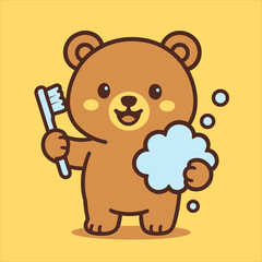 Fototapeta premium Cartoon Brown Bear with Toothbrush and Soap Bubbles for Dental Hygiene.