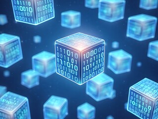 Glowing blue cubes with binary code on dark background blockchain technology