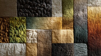 Detailed textile squares create a patchwork design with diverse color and texture. Perfect for backgrounds or to illustrate themes of variety and craftsmanship.