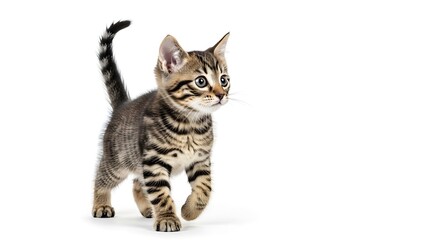 Obraz premium Adorable Tabby kitten walking forward with tail raised and striking blue eyes, isolated on a bright white background