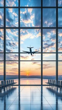 Airplane taking off at sunset seen through airport window with chairs