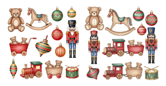 A charming watercolor collection of classic Christmas toys, including teddy bears, nutcrackers, rocking horses, and festive ornaments.