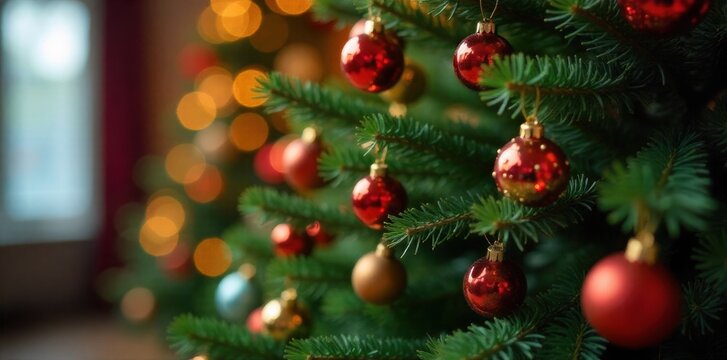 Close up of Fir Tree Branches with Ornaments and Lights A close up macro shot focusing on the intricate details of fir tree branches. The branches are adorned with classic, colorful Christmas