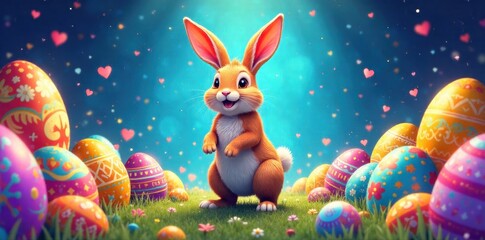 Obraz premium Easter Egg Fiesta Spin A energetic Easter bunny s vibrant disco dance with colorful, scattered eggs. A gray Easter bunny is depicted in a dynamic spinning pose, surrounded by a chaotic explosion of
