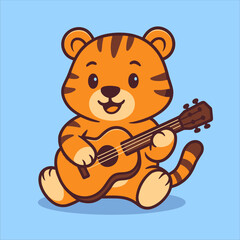 Cartoon Tiger Cub Serenading with a Miniature Brown Ukulele.