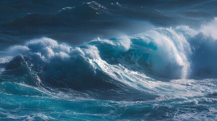 Fototapeta premium Powerful ocean swells crash into large, churning waves under a dark sky