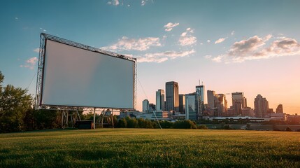 Outdoor  projection screen stands ready for an evening showing against an urban skyline backdrop at sunset