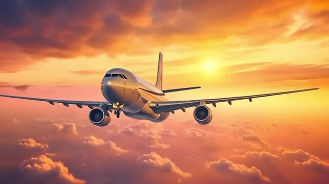 Airplane flying above the clouds during a golden sunset with orange sky