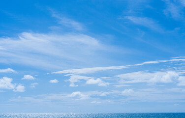 Sky,sea blue ocean background,Horizon beach,water sea,clear sky,cloud in sunny day.Calm sunrise of...