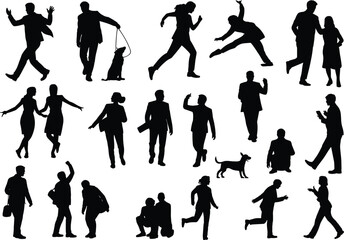 Obraz premium Silhouette people and animals, twenty human figures with pets in action, walking running standing lifestyle concept, modern vector artwork, creative illustration