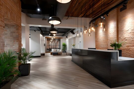 Chic boutique hotel lobby design featuring rustic exposed brick walls and sophisticated industrial style decor.