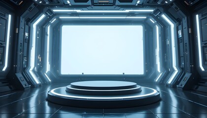 Futuristic Empty Stage with Sci-Fi Interior Design and Cyberpunk Lighting for Product Presentation