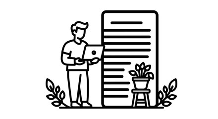 Man working on laptop near plant simple black and white illustration