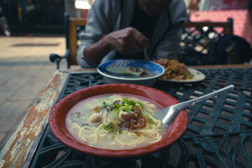 Close-up of a seafood soup noodles bowl on the table with a cropped image of a man eating fried rice in the blur background. 
